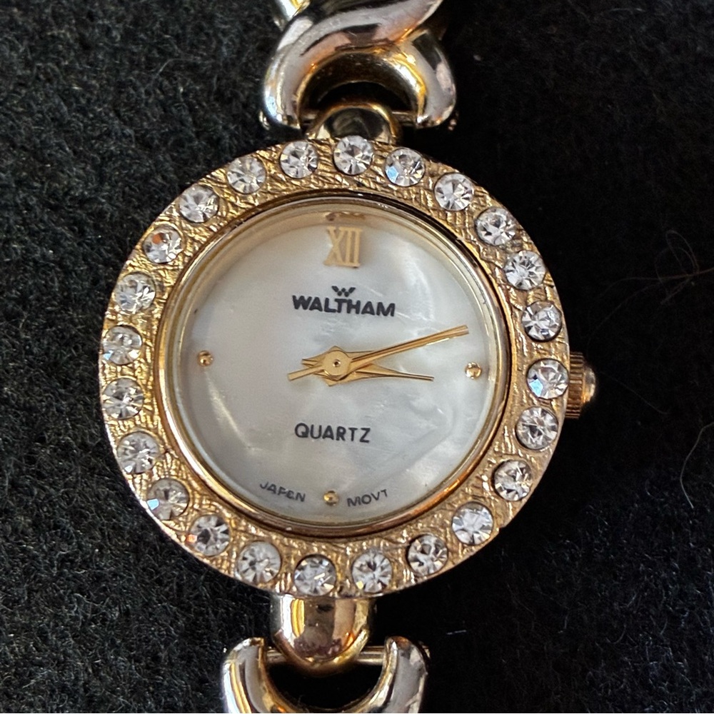 Waltham Woman's Gold Tone Mother Of Pearl Face Rhinestone Analog Watch